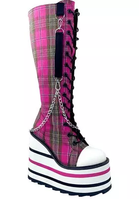 YRU SHOES Detention Bondage [Pink Plaid] | PLATFORM BOOTS Gothic • $259.95