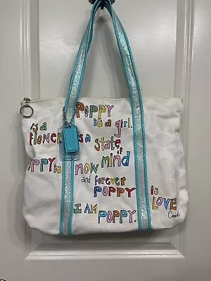 Coach Poppy Is A Girl Shoulder Tote Bag White Graffiti Glitter Accents 14986 • $149.99