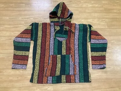 Small/Medium Mens Mexican Hoodie Baja Beach Pancho Woven Multicolored Pocket • $10