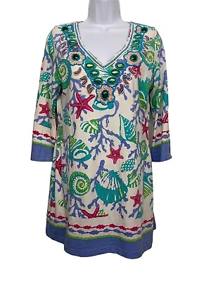 Barbara Gerwit Womens Size M Blue/Green Seashore Beaded Tunic Top 3/4 Sleeve • $24.95