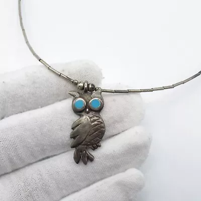 VTG Sterling Silver Owl Pendant Choker Necklace 15  Silver Tone Tube Bead Chain* • $14.99