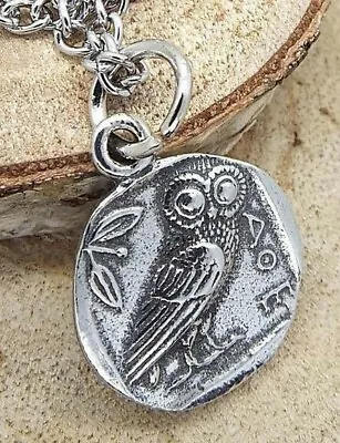 £6.95 • Buy Small Round Greek Owl Of Minerva Athena Roman Pewter Pendant With Chain