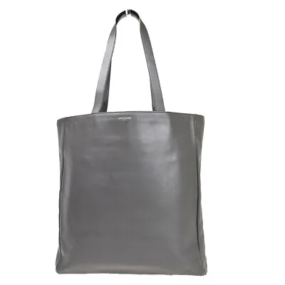 SAINT LAURENT Logo Tote Shoulder Bag Leather Gray Gold Italy 86SG816 • $334.40