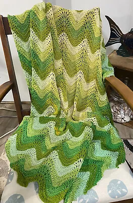 Vintage Retro Hand Crocheted Ripple Chevron Afghan Multicolored Greens  • $9.95