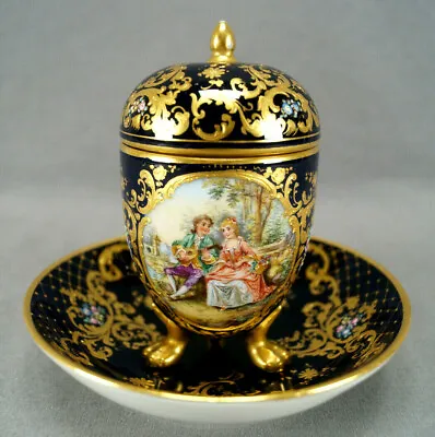 Dresden Hand Painted Courting Couple Raised Gold & Cobalt Blue Covered Cup B • $1995