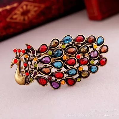 Vintage Handmade Bangle Multi Color Rhinestone Peacock Hinged Cuff Bracelet  • $17