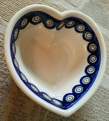 Boleslawiec Polish Pottery Heart Bowl Manufactura  Peacock Leaf Border Candy  • $55