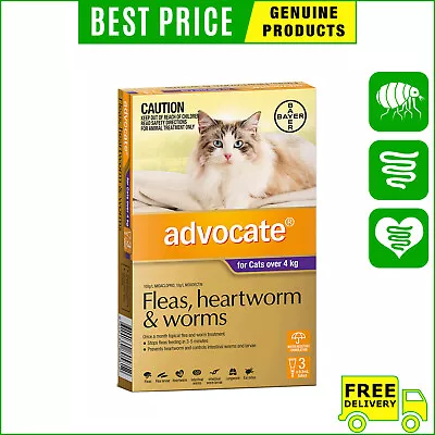 ADVOCATE For Over 4 Kg Cats 3612 Pipettes Heartworm Flea Worm Control PURPLE • $48.98