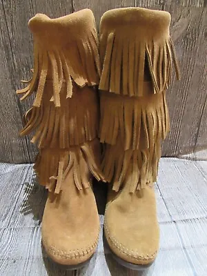 Minnetonka Moccasins Brown  Suede 3 Layer Fringe Calf High Boots Size 9M • £43.36
