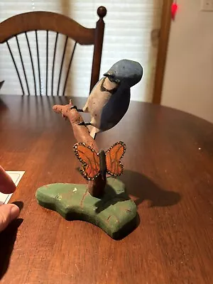 Vintage Hand Carved Blue Bird With Butterfly Perched On Branch Folk Art • $80