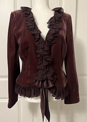 Kay Unger Jacket Womens Sz 10 Plum Purple Ruffle Silk Velvet Collared Evening • $32.99