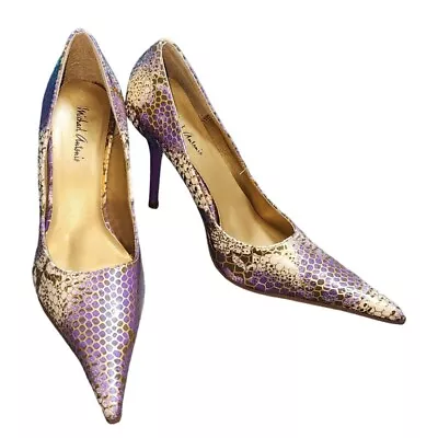 Women's Michael Antonio Pointed Toe Snakeskin Gold Purple White Heels 6 Shoes • $24.99