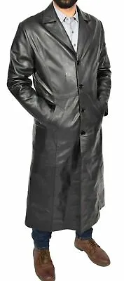 Classic Men's Genuine Lambskin Leather Trench Jacket Black Button Long Coat • $170.99