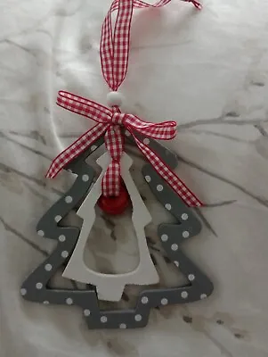 Christmas Tree Decoration Hanging Wooden Scandi With Gingham Ribbon  • £1.99