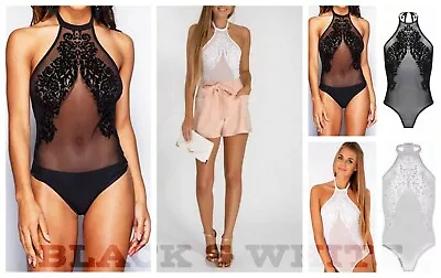 £11.33 • Buy Women Ladies Lace Mesh Halter Neck Sexy Bodysuit Leotard Top Flocked Party 