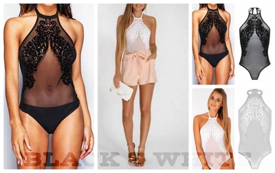 £11.33 • Buy Women Ladies Lace Mesh Halter Neck Sexy Bodysuit Leotard Top Flocked Party 