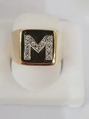  Vintage Men's 14k Yellow GOLD  M  Initial Signet Ring With Diamonds Size 7 • $990