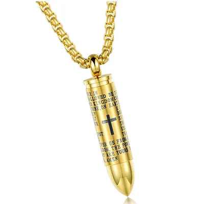 Men's Stainless Steel Bible Lord's Prayer Cross Bullet Hip Hop Pendant Necklace • $17.90