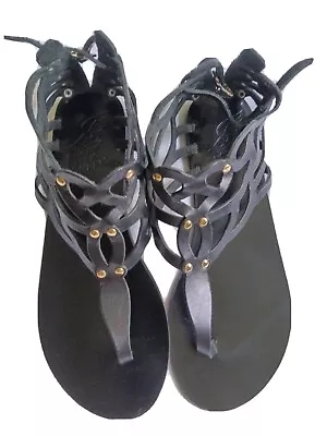 ANCIENT GREEK Sandals MEDEA Leather Handmade Sandal Black Gold Flat Sz 39 US 9 • $36