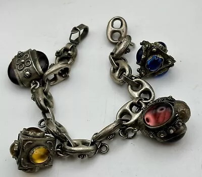 Antique 800 Silver-w/ Gem Stones - Etruscan Charm Bracelet Italy • $25