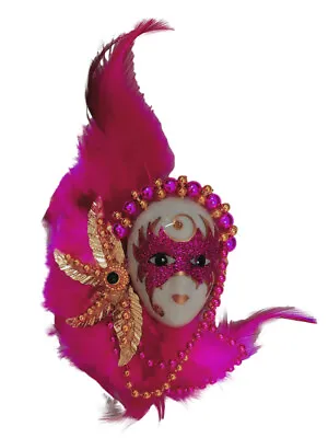 Hot Pink Masked Beaded Lady Feather Magnet Mardi Gras Party Favor • $5.29