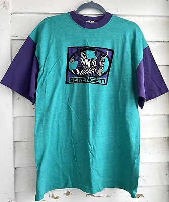 Vintage 90s Serengeti Zebra World Wildlife Fund WWF Shirt Large Teal Purple • $20