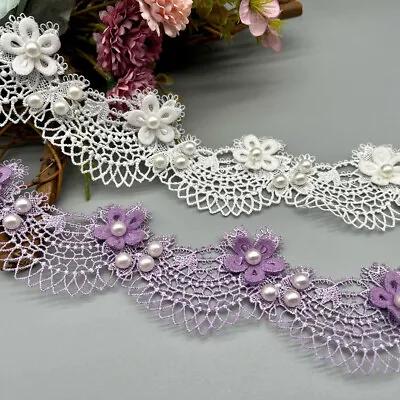 £3.79 • Buy 1 Yard Scallop Flower Beaded Embroidered Trim Lace Ribbon DIY Wedding Dress
