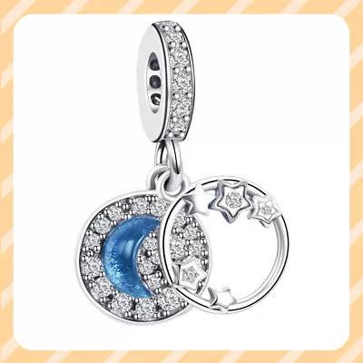 New Blue Night Sky Crescent Moon & Stars Double Dangle S925 Women Bracelet Charm • $15
