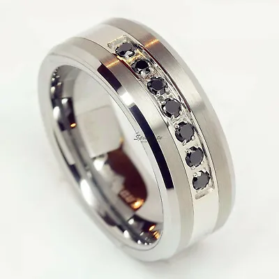 Luxury Brushed Tungsten Ring Black CZ Diamod Inlay Mens Wedding Band VBFOT • $15.99