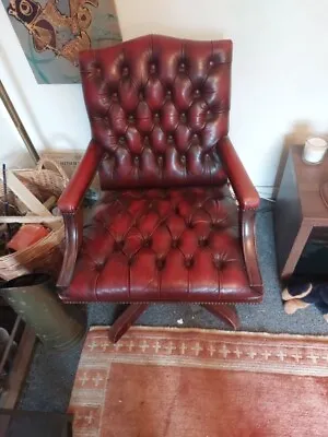 Vintage Blood Red Chesterfield Hillcrest Swivel Tilt Studded Captains Chair • £290.99