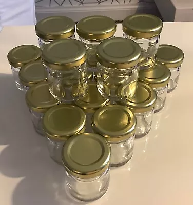 20 Mini Glass Jars With Gold Coloured Lids 45ml For Favours/ Samples/spices Etc • £8