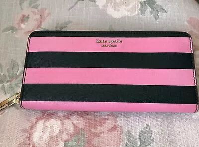 Kate Spade Zip Round Organiser Purse Pink Black Striped Stripy • £16.99