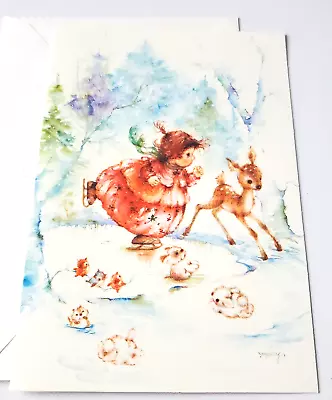 Christmas Card Hallmark Mary Hamilton Girl Ice Skating With Deer Bunnies Puppy • $2.75