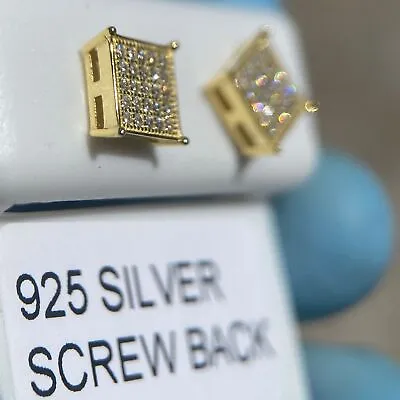 Gold Over Real 925 Silver Square Micro Pave Earrings Iced Flooded Out  CZ 7 Mm • $23.95