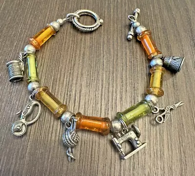 Vintage Silver Tone Stone & Glass Bead Sewing Quilting Knitting Charm Bracelet • $16.99