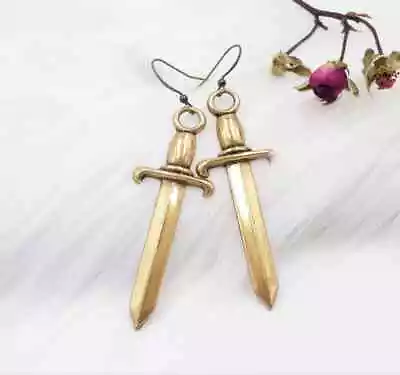 Big Brass Dagger Earrings Medieval Sword Jewelry Viking Cosplay Jewelry • $6.45