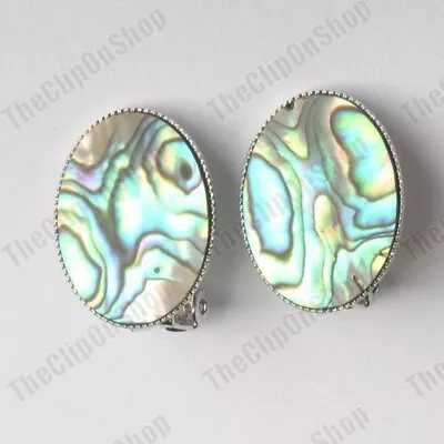 CLIP ON Retro 2cm X 1.5cm Oval ABALONE SHELL EARRINGS Paua SILVER TONE Clips • £6.99