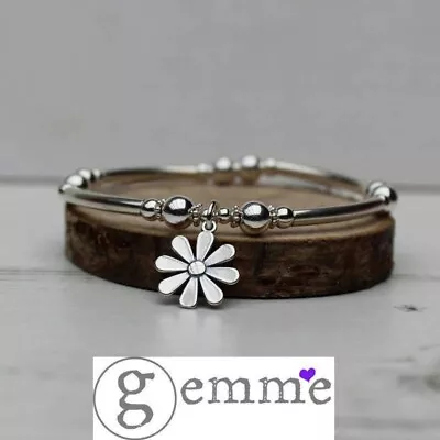 Gemme925 Sterling Silver Stretch Bracelet With Solid Daisy Charm - Chunky Style • £28