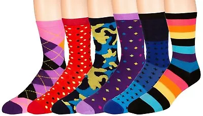 Men's Colorful Dress Socks 6 Pairs Fun Funky Assorted Patterned Socks Size 10-13 • $11.90