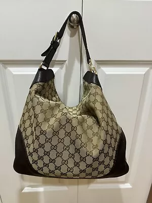 Gucci Logo Purse Brown Leather Canvas Hobo Slouch Shoulder Handbag Great Cond • $965.95