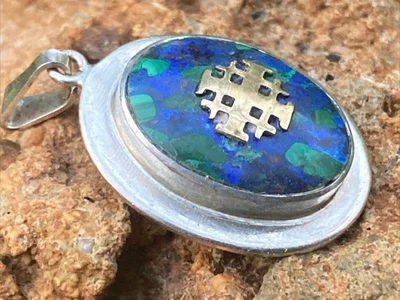 $33 • Buy Vintage~sterling~silver~blue/green~azurite~gold-washed~maltese~cross~pendant