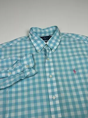 Polo Ralph Lauren Men's CUSTOM FIT Long Sleeve Shirt Blue & White Check Large • $14.16