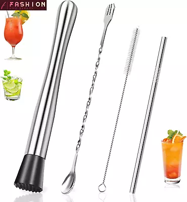 10 Inch Stainless Steel Cocktail Muddler Mixing Spoon Stainless Steel Straws New • $10.99