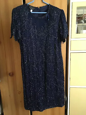 £25 • Buy After Six By Ronald Joyce Blue Silk Lined Beaded Sequined Dress. Size UK14.