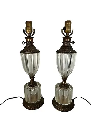 Vintage Hollywood Regency Tiered Ribbed Glass Crystal ? Metal Table Lamp Pair • $110