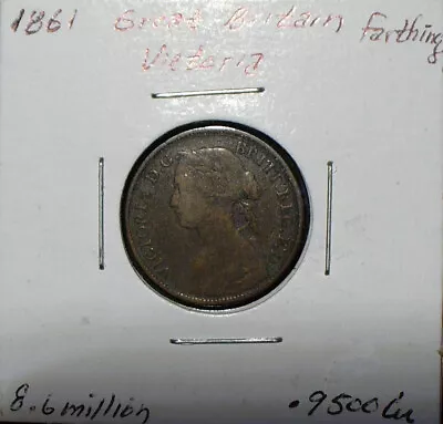 Great Britain 1861 Victoria Farthing Copper Coin • $5