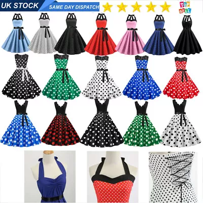 Retro Women Polka Dot 50s60s Rockabilly Cocktail Party Swing Housewife Dress UK • £9.99