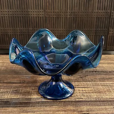 Vintage Viking Glass Blue Epic Bluenique 6 Petal Compote Pedestal Bowl • $39.98