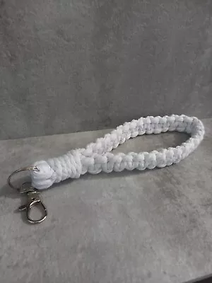 Handmade White Macrame Teacher Knotted Wristlet Keychain Wrist Strap Silver • $14.95
