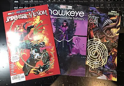 3x Comic 2023 SPIDER-MAN VENOM #1 2022 HAWKEYE #2 VENOM #13 FREE COMIC BOOK DAY • £4.49